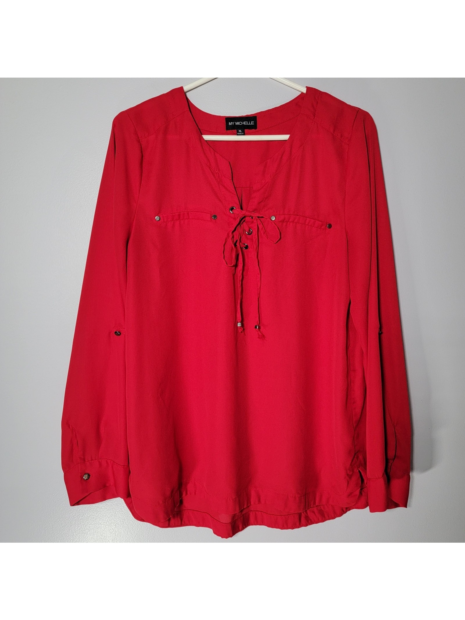Red Boho Tie Blouse Women Sz Xl Roll Tab Sleeves Career Office Airy My Michelle